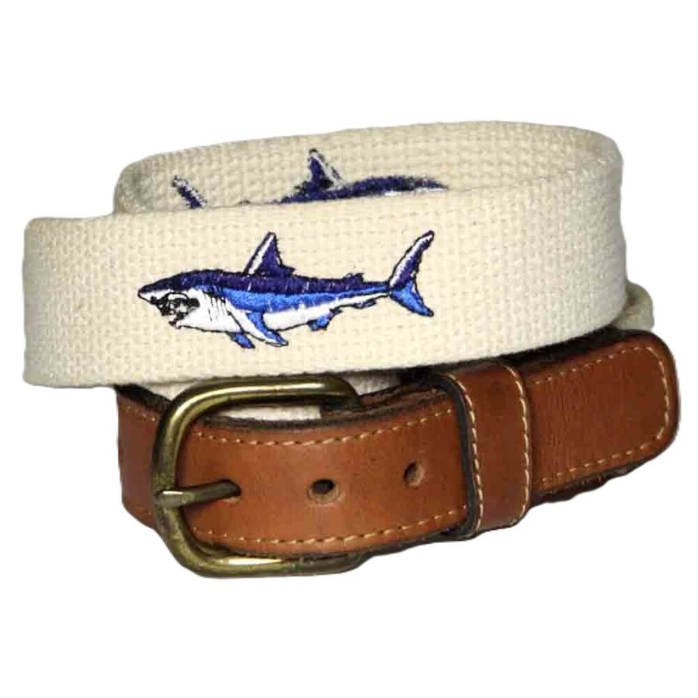 Reef Riders Canvas and Leather Belt Sharks Pattern White Brown Men's FITS 30